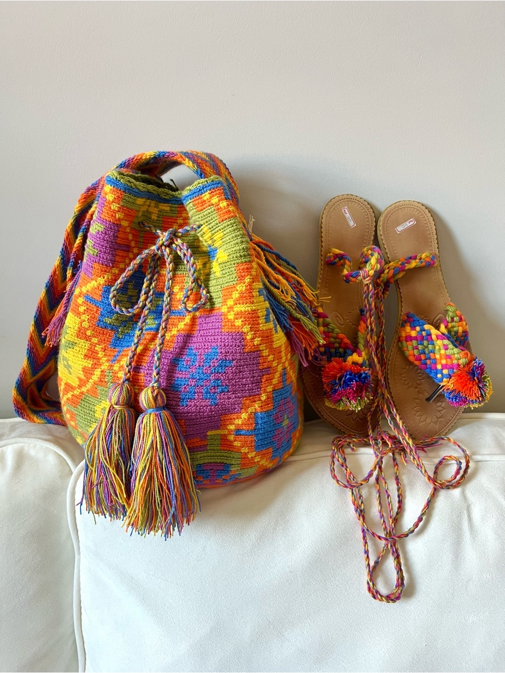 Authentic Colombian Wayuu Mochila Bag + Matching Sandals Set Boho Artisan NEW